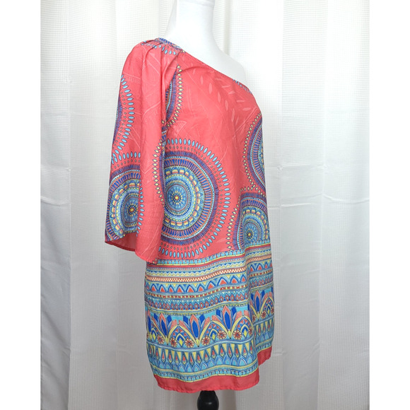 Hello Miss Short Dress One Shoulder Pattern Women S Coral MultiColor Blue Beachy - Picture 2 of 8